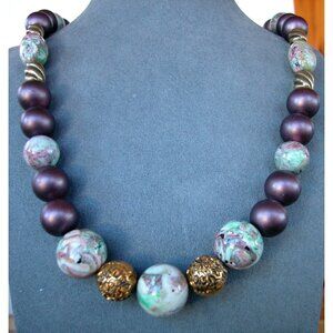 Beaded Necklace W/ Porcelain & Gold-Tone Accents 24" W/ 3" Extension Hook Close